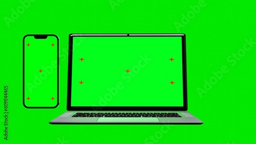 Realistic laptop and smartphone with empty screen animation isolated on green screen background. Chromakey.