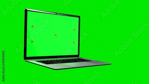 Realistic laptop with empty screen animation isolated on green screen background. Chromakey.