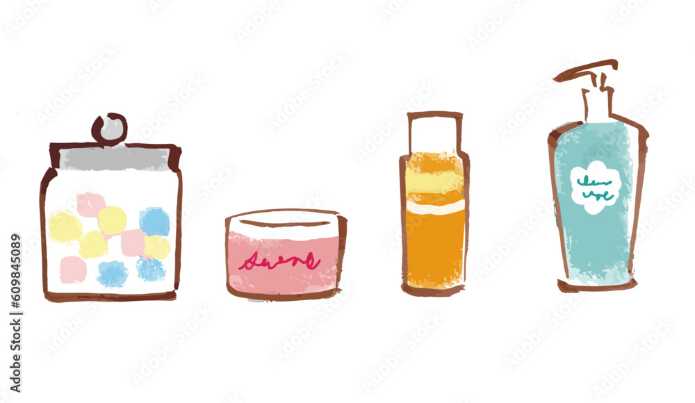 手描きの基礎化粧品とコットン 手描きの基礎化粧品とコットン