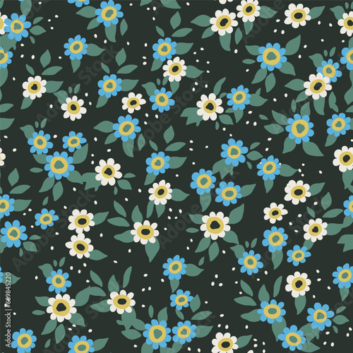 Seamless pattern of a blooming summer meadow. A repeating floral pattern on a dark green background. There are many different field white and turquoise flowers, buds, leaves on the field.