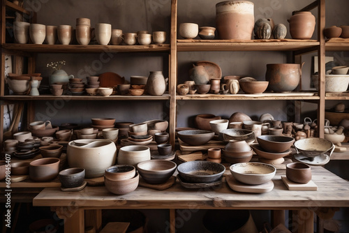 A beautiful collection of ceramic dishes, cups, and bowls are displayed on rustic wooden shelves in a pottery studio, demonstrating the diversity and creativity of ceramic arts.