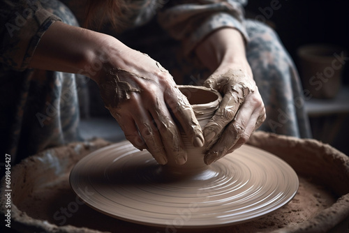 A pair of skilled hands are captured shaping clay on a potter's wheel, in the process of creating a beautiful vase, showcasing the art of pottery.