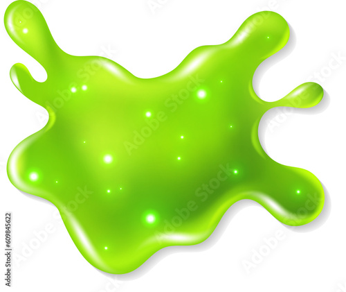 Green slime. Bright toxic shiny liquid blob splatter, spot of poison dribble silhouette, paint drip, sticky jelly drop with glitter. Realistic isolated on white element vector illustration