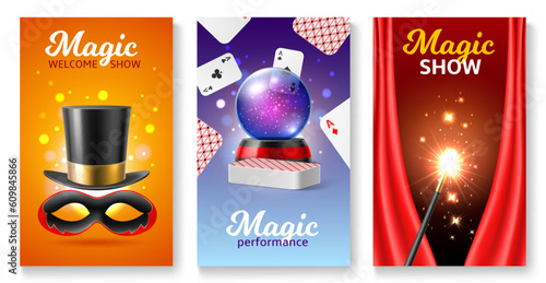 Magician accessories cards. Realistic illusionist equipment, crystal ball, mask with top hat, magic wand, wizard show invitations, performance posters, 3d isolated elements, utter vector set