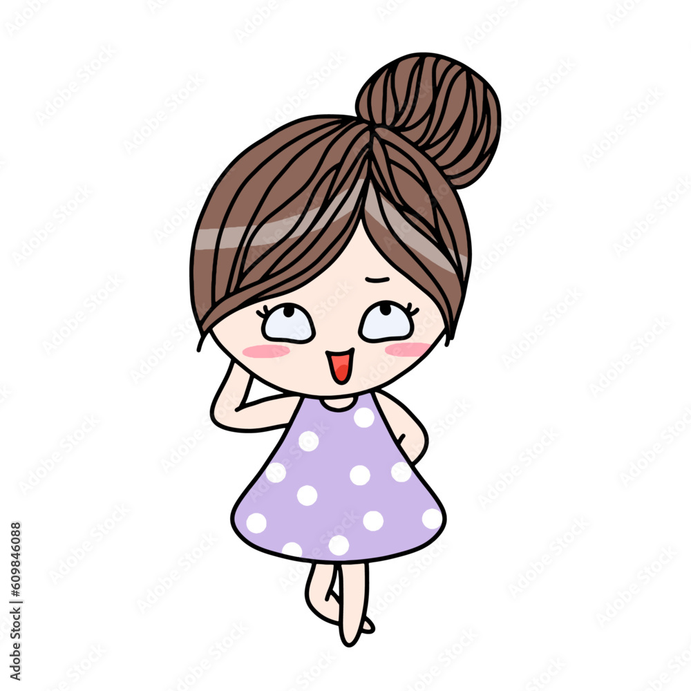 Korean cute girls character in dot purple dress cartoon. Korean cute girls character in dot purple dress cartoon.