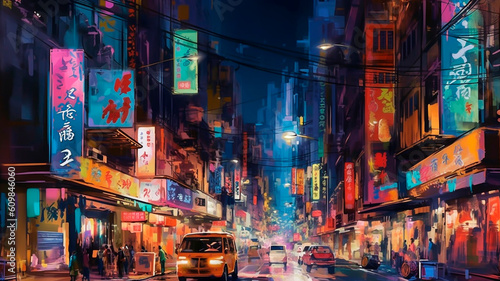 Night Street Scene in Vibrant City. Painting Illustration, Urban Landscape, Artistic Impression, Illuminated Nightscape.