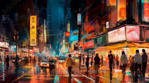 A bustling city street at night illuminated with people walking and cars driving. Painting illustration. Generative AI.
