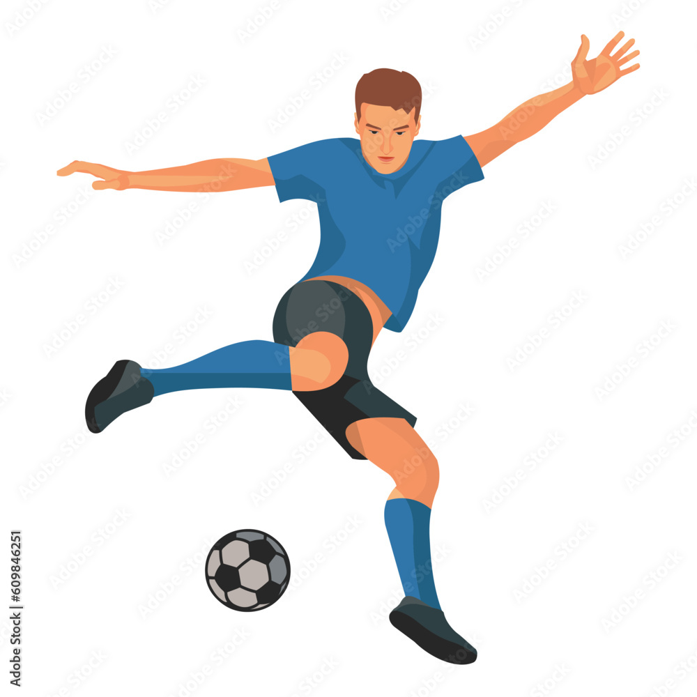 Vector isolated figure of football player in blue T-shirt who jumps up preparing to kick the ball with his foot