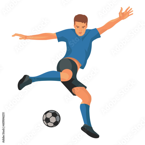 Vector isolated figure of football player in blue T-shirt who jumps up preparing to kick the ball with his foot © ivnas