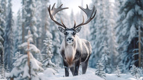 Reindeer at snow forrest background. Animal and nature concept. Generative ai. © tonktiti