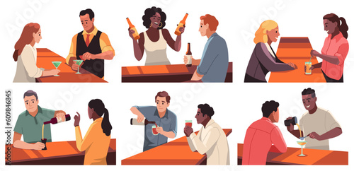 Professional bartenders work. People make alcoholic cocktails, pour beer, wine to visitors, cartoon flat style isolated characters barmans mixing drinks, preparing beverages, tidy vector set