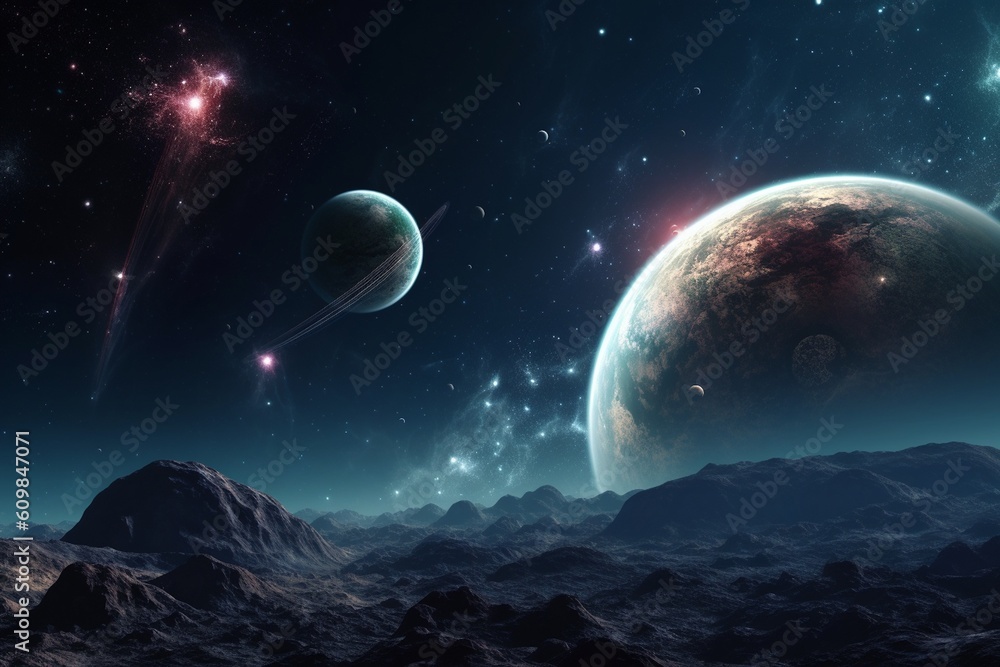 Universe Scene with Planets, Stars and Galaxies Created with Generative AI