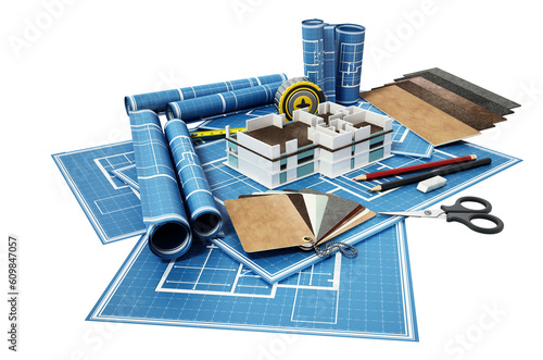 Home decorating tools standing on house bluprints on transparent background. 3D illustration photo