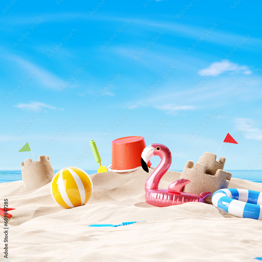 Sand castle on the beach. Summer vacation concept. 3d rendering Sand castle on the beach. Summer vacation concept. 3d rendering