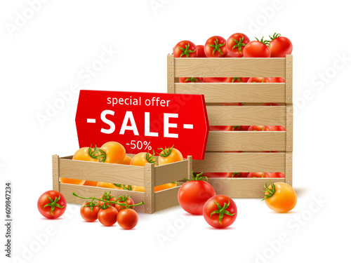 Realistic tomatoes boxes. Storage wooden crates with vegetables, products transportation, grocery sale offer, agricultural containers, fresh natural food, 3d isolated utter vector concept