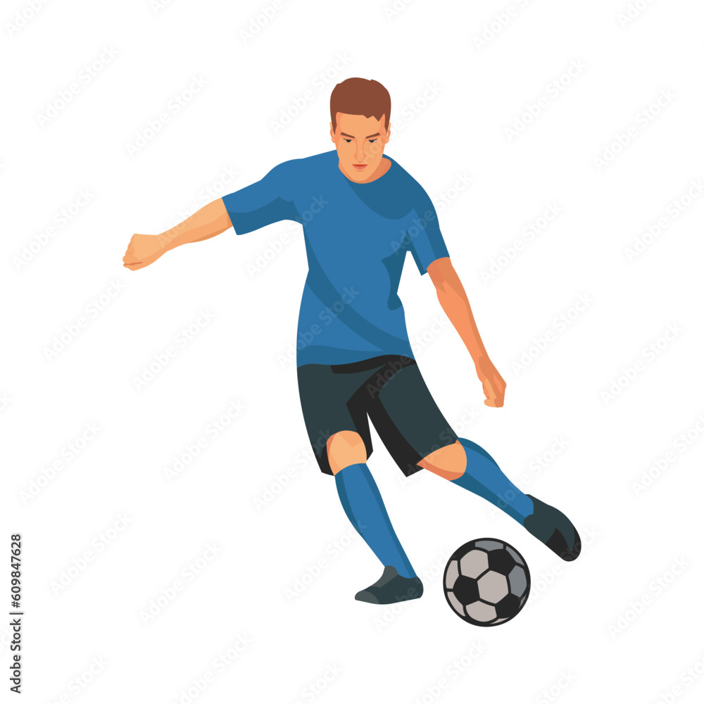 Vector isolated figure of football player dribbling the ball on the field and goiing to kick a ball on a white background