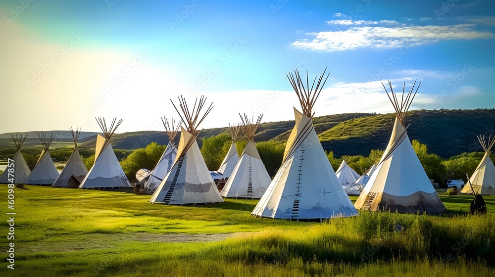 Teepees stand In native american encampment. generative ai