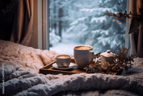 Coffee cup winter bed. Generate Ai