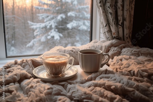 Coffee cup winter bed couple. Generate Ai
