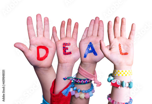 Children Hands Building Word Deal, Isolated Background