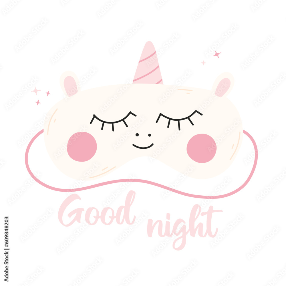 Sleep mask unicorn. Lettering time to sleep. Vector illustration. Flat style. Kids lettering. Sleep mask unicorn. Lettering time to sleep. Vector illustration. Flat style. Kids lettering.