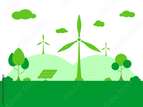 Green energy Eco Ecology and Windmill energy concept. Design for vector, illustration, wind energy, clean power, wind, nature, windmill.