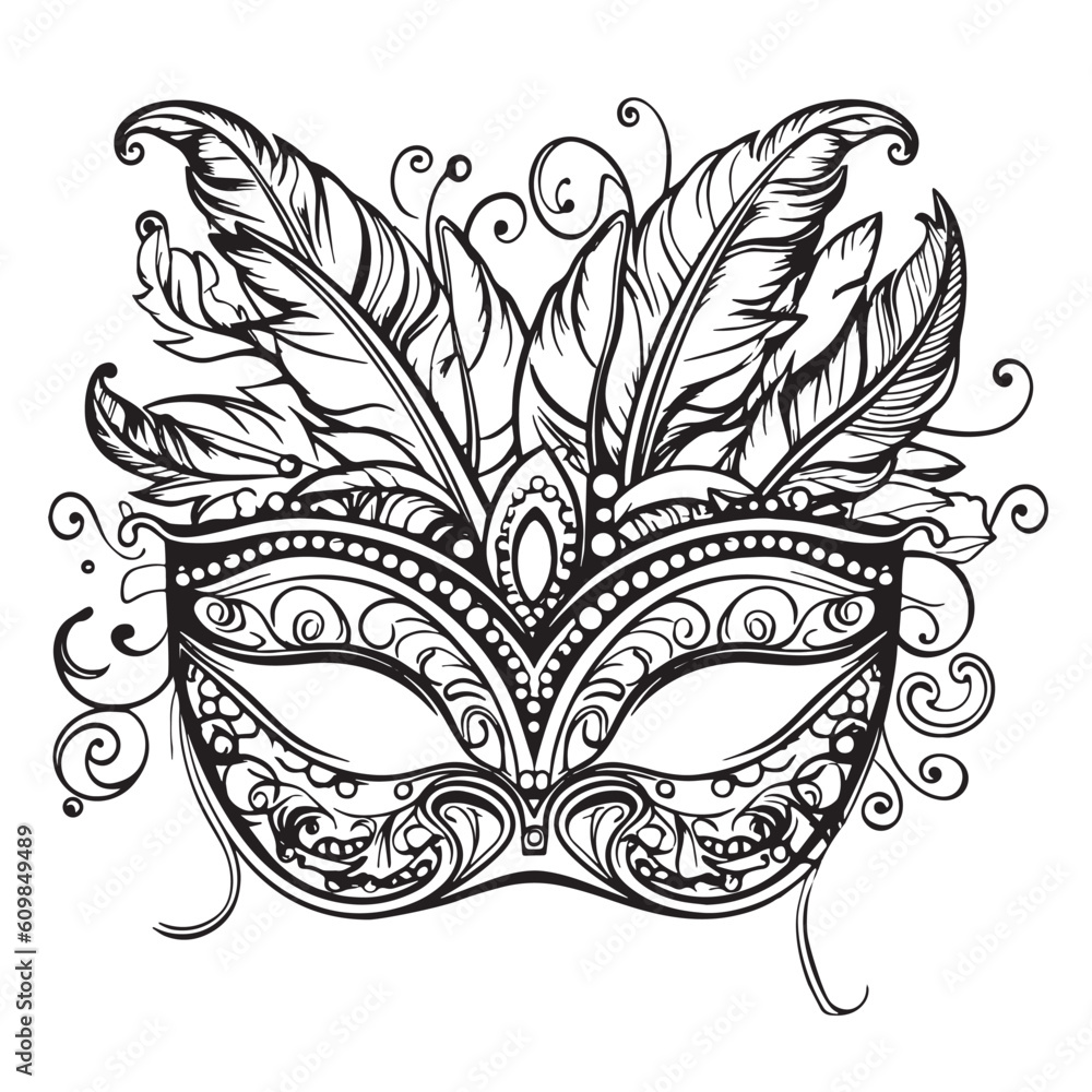 mardi gras masquerade coloring pages, face mask with feathers, doodles