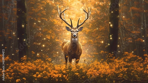 a deer with antlers in the forest with sunlight behind it Generative Ai © smirkquinoa