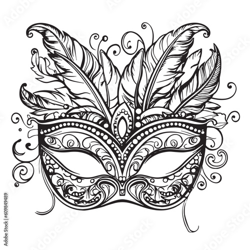mardi gras masquerade coloring pages, face mask with feathers, doodles, feminine sticker art, black line art