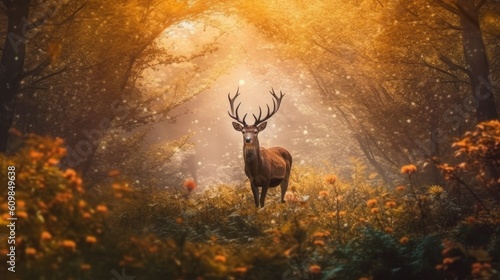 a deer with antlers in the forest with sunlight behind it Generative Ai