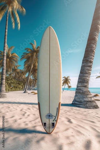 Portrait surf board on the beach with light exposure AI Generative
