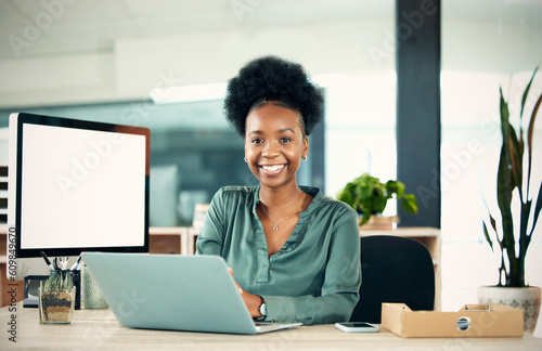 Portrait, smile and black woman with laptop, writer and creative in office. Computer, face and happy African female entrepreneur, copywriter or professional from South Africa with business mockup.