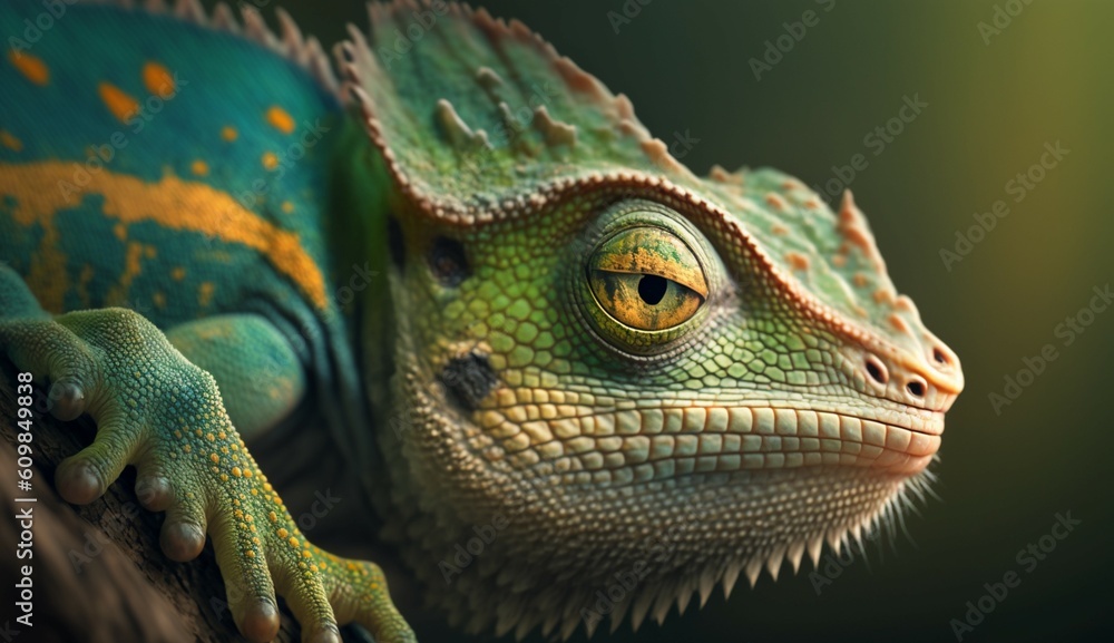 Obraz premium Green colored chameleon generative Ai