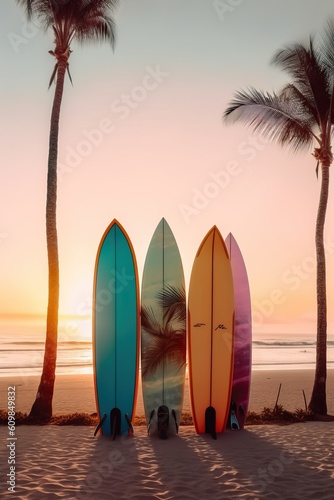 Sunset on the beach with surf board AI Generative