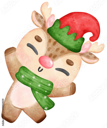 Cute and friendly Santa helper reindeer Christmas wearing elf hat cartoon character watercolour hand painting 