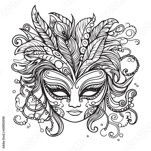 mardi gras masquerade coloring pages, face mask with feathers, doodles, feminine sticker art, black line art