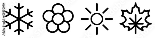 Snowflake, flower, sun and maple leaf line icons