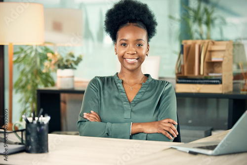 Success, crossed arms and portrait of a female leader in her office with confidence and leadership. Corporate, professional and African woman executive ceo with vision, ideas and goals in workplace.