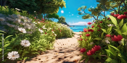 Portrait hidden beach view with flower AI Generative