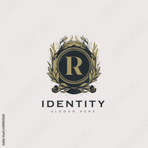 Initial R letter luxury beauty flourishes ornament golden monogram logo art