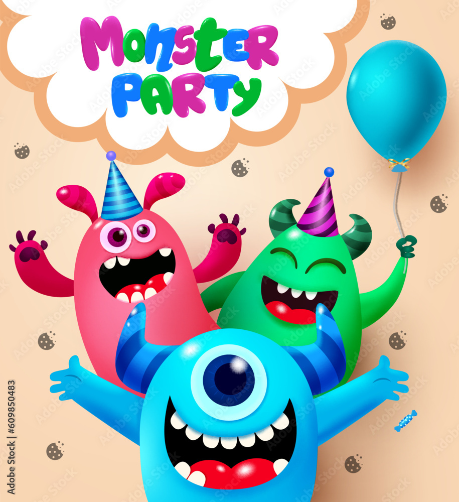Naklejka premium Monster cartoon vector design. Monster party text in speech bubble with naughty monster concept for birthday. Vector illustration of monster for celebration.