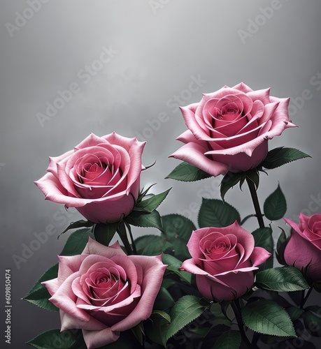 Pink roses  gray foggy background  Generative AI Art Illustration 06