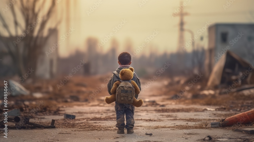 Illustration of a young boy walking through a war zone with a teddy bear in hand created with Generative AI technology Illustration of a young boy walking through a war zone with a teddy bear in hand created with Generative AI technology