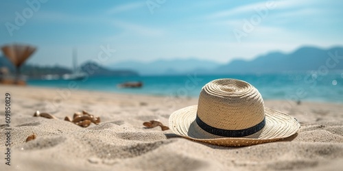 Portrait straw hat on the beach with light exposure AI Generative