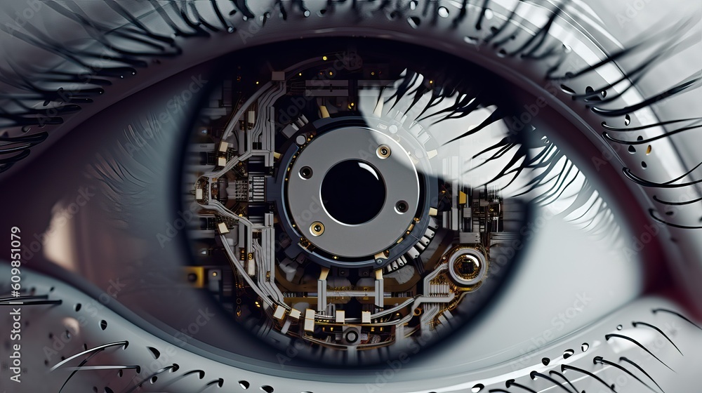 Closeup of AI robot Iris, Artificial Intelligence Humanoid robot, Generative AI