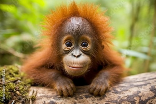 Smiling Young Orangutan on Tree Branch in Forest - AI Generative