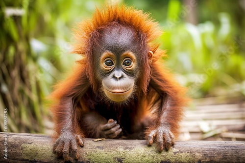 Wallpaper Mural Juvenile Sumatran Orangutan Sitting On Tropical Branch Rainforest Lush Greenery. Torontodigital.ca