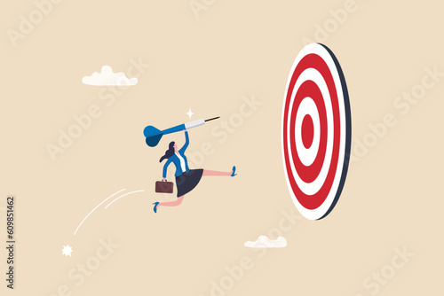 Courage or ambition to reach goal, business challenge or aiming for target, achievement, reach target bullseye, aspiration, objective or purpose concept, courage businesswoman jump to hit target.