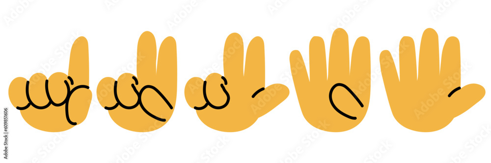 Set the score to five on your fingers in cartoon style. Bent fingers, similar to numbers. Round yellow cartoon hands with a contour on a white background. Printing children's hands, training. Set the score to five on your fingers in cartoon style. Bent fingers, similar to numbers. Round yellow cartoon hands with a contour on a white background. Printing children's hands, training.