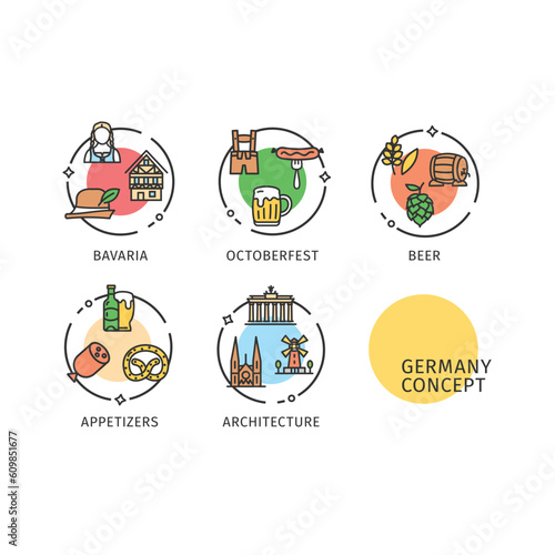 Germany Travel and Tourism Concept Thin Line Icons Labels Set Include of Architecture, Appetizers and Beer. Vector illustration of Label